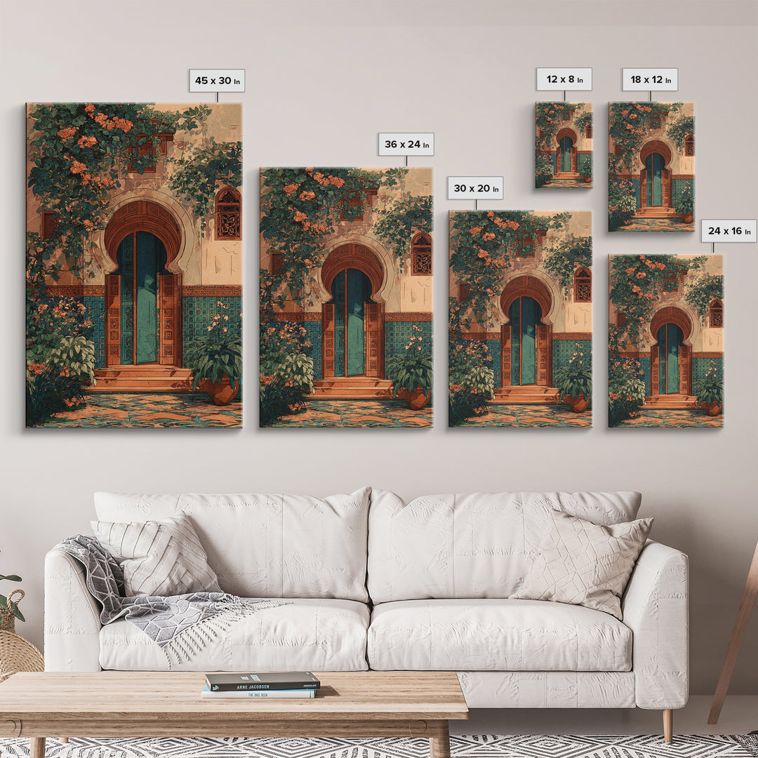 Sunlit Courtyard Doorway Canvas Print, Mediterranean Art, Luxury Decor, Living Room Decor, Fine Art, Azure, Framed Wall Art, MAR-2x3-67