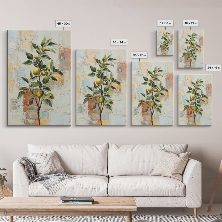 Sicilian Lemon Branch on Ivory Background Framed Canvas Print, Mediterranean Art, Oil Painting, Living Room Decor, MAR-2x3-69