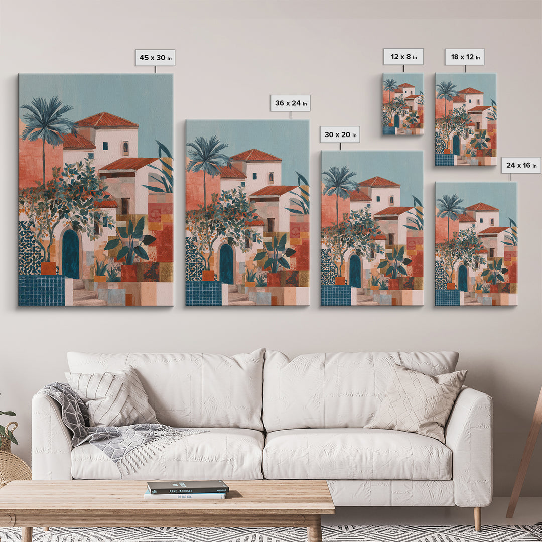 Sunset over Red Tiled Rooftops Canvas Print, Mediterranean Art, Watercolor Painting, Living Room Decor, Fine Art, Azure, MAR-2x3-7