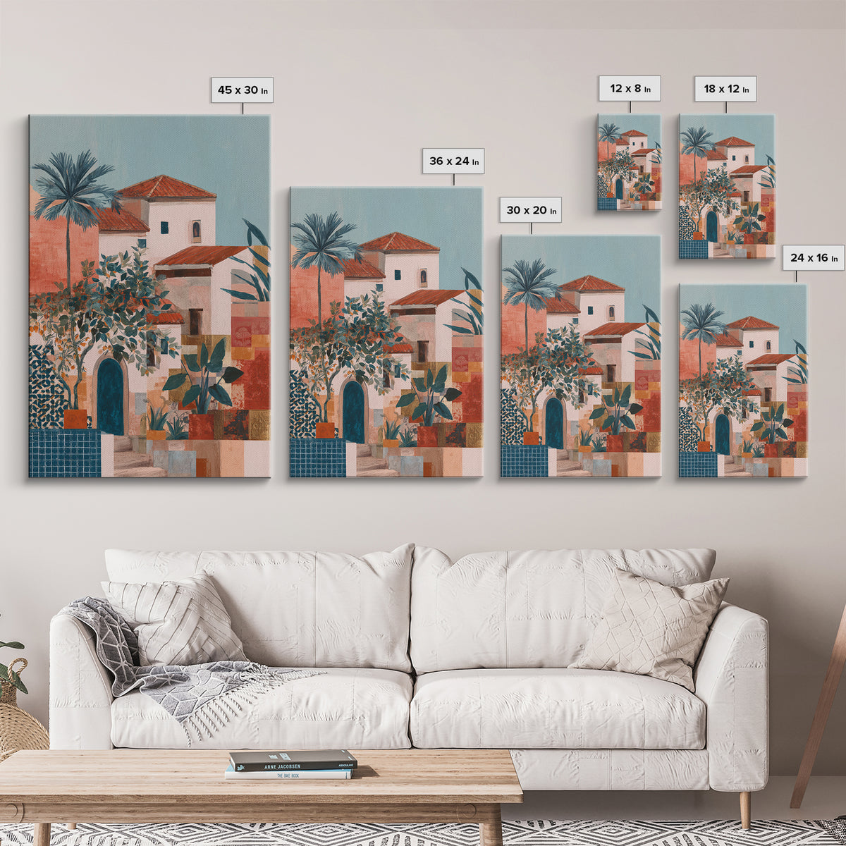 Sunset over Red Tiled Rooftops Canvas Print, Mediterranean Art, Watercolor Painting, Living Room Decor, Fine Art, Azure, MAR-2x3-7