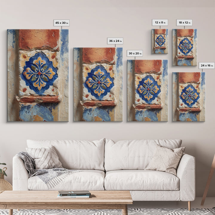 Spanish Tile Ornament Canvas Print, Mediterranean Art, Neutral Decor, Living Room Decor, Oil Painting, Azure, Home Decor, MAR-2x3-72