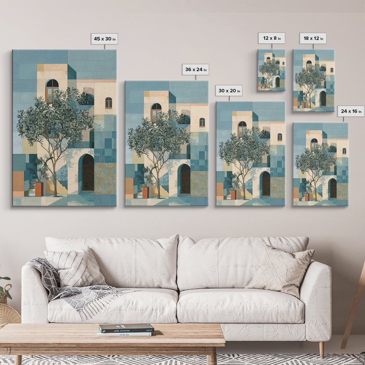 Olive Grove under Pale Morning Light Framed Canvas Print, Mediterranean Art, Digital Wall Art, Living Room Decor, Azure, MAR-2x3-73