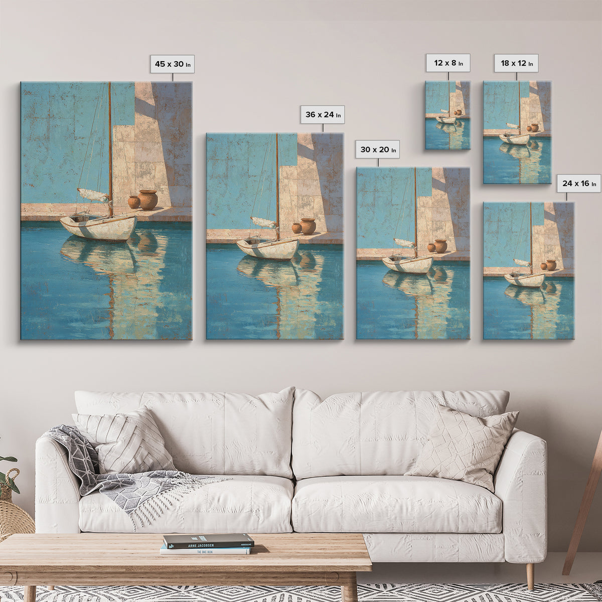 Mediterranean Sailboat on Glassy Water Canvas Print, Mediterranean Art, Living Room Decor, Azure, Digital Art Prints, MAR-2x3-74