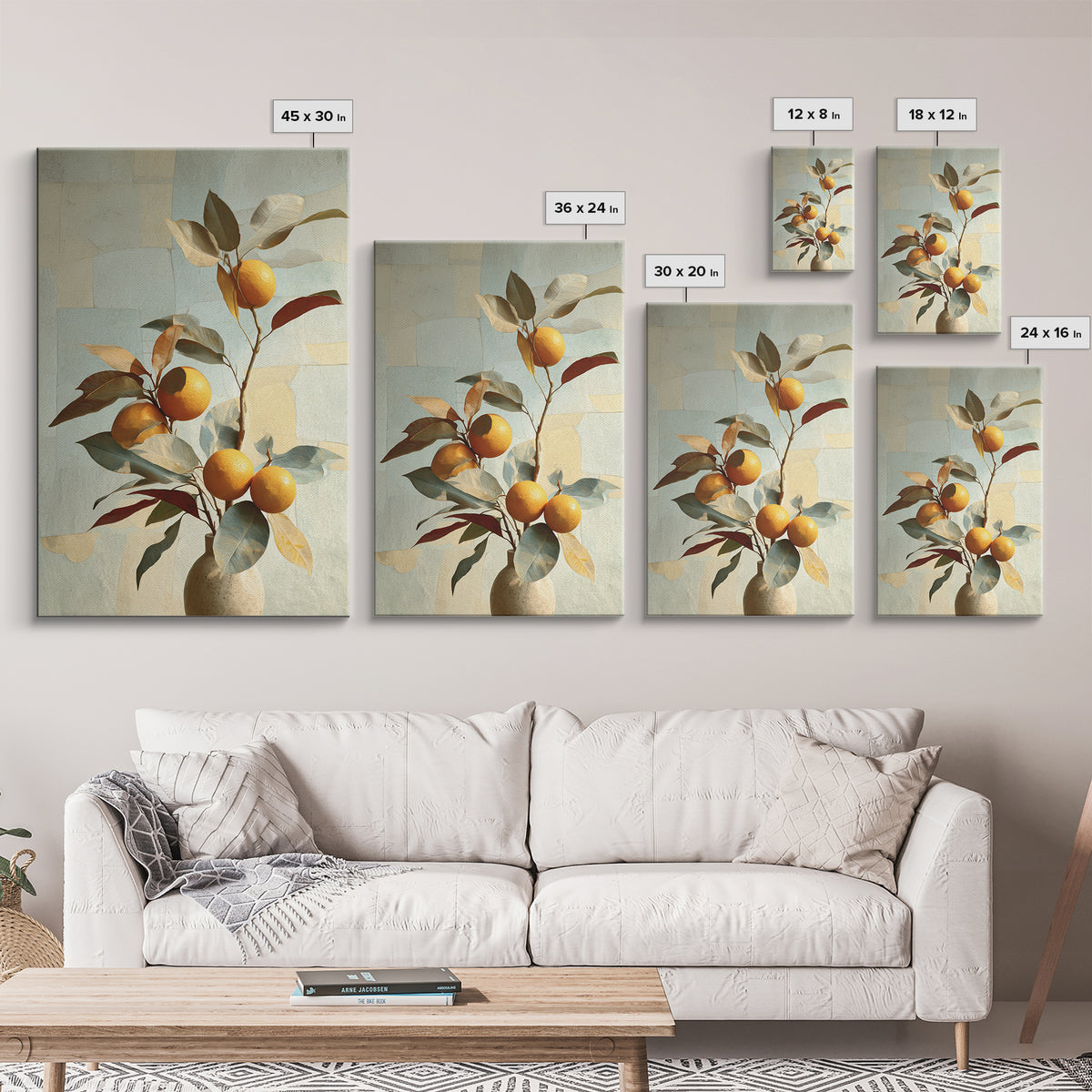 Ceramic Bowl of Oranges and Leaves Canvas Print, Mediterranean Art, Large Wall Art, Living Room Decor, Fine Art, Azure, MAR-2x3-77
