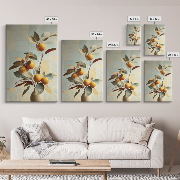 Ceramic Bowl of Oranges and Leaves Canvas Print, Mediterranean Art, Large Wall Art, Living Room Decor, Fine Art, Azure, MAR-2x3-77