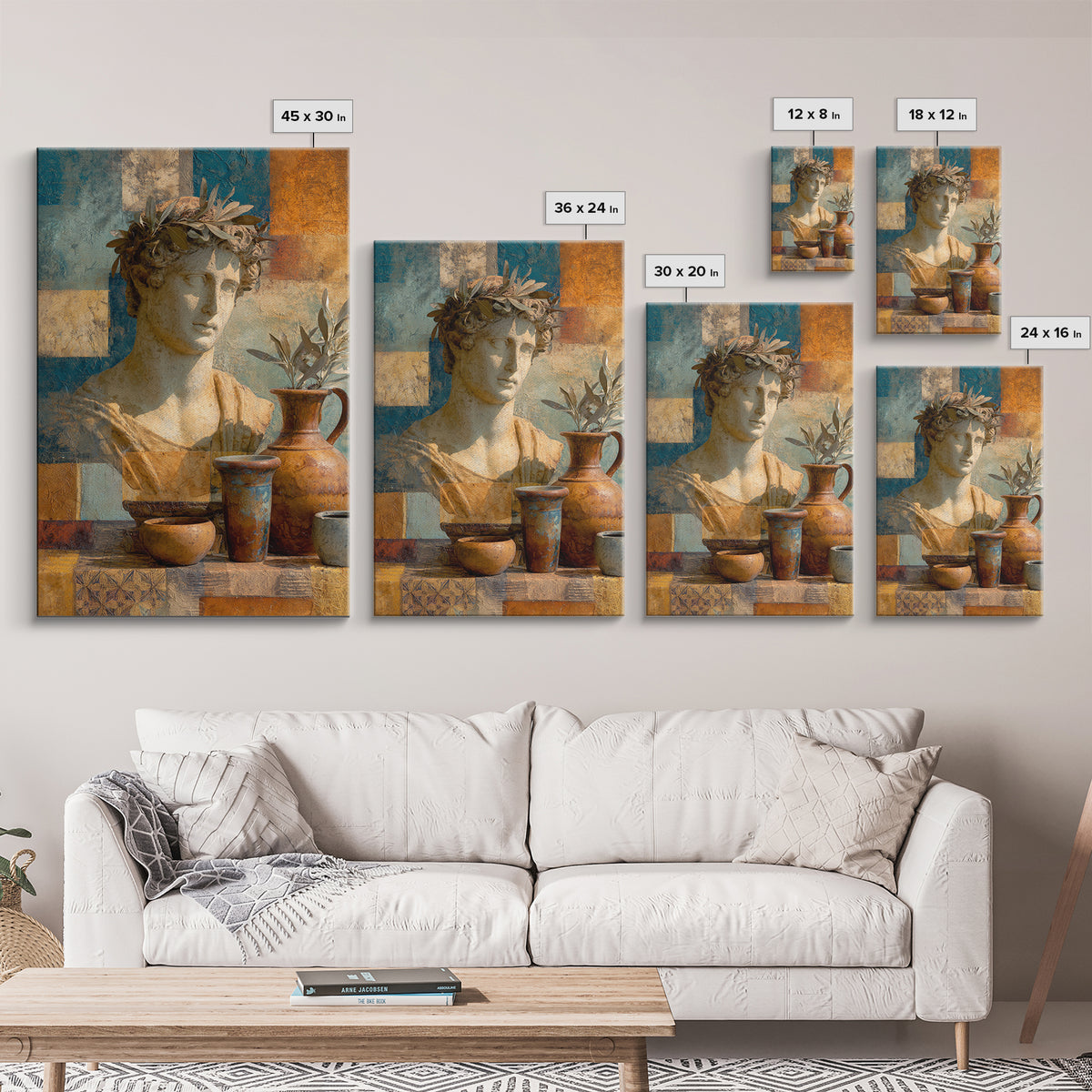 Roman Statue Bust Framed Canvas Print, Mediterranean Art, Minimalist Decor, Living Room Decor, Azure, Horizontal Wall Art, MAR-2x3-78