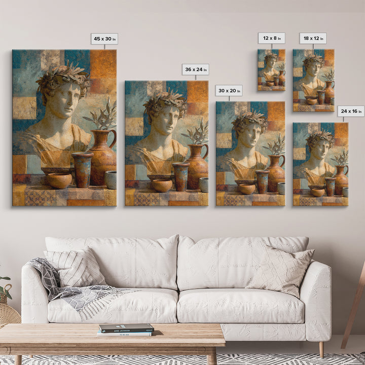 Roman Statue Bust Framed Canvas Print, Mediterranean Art, Minimalist Decor, Living Room Decor, Azure, Horizontal Wall Art, MAR-2x3-78