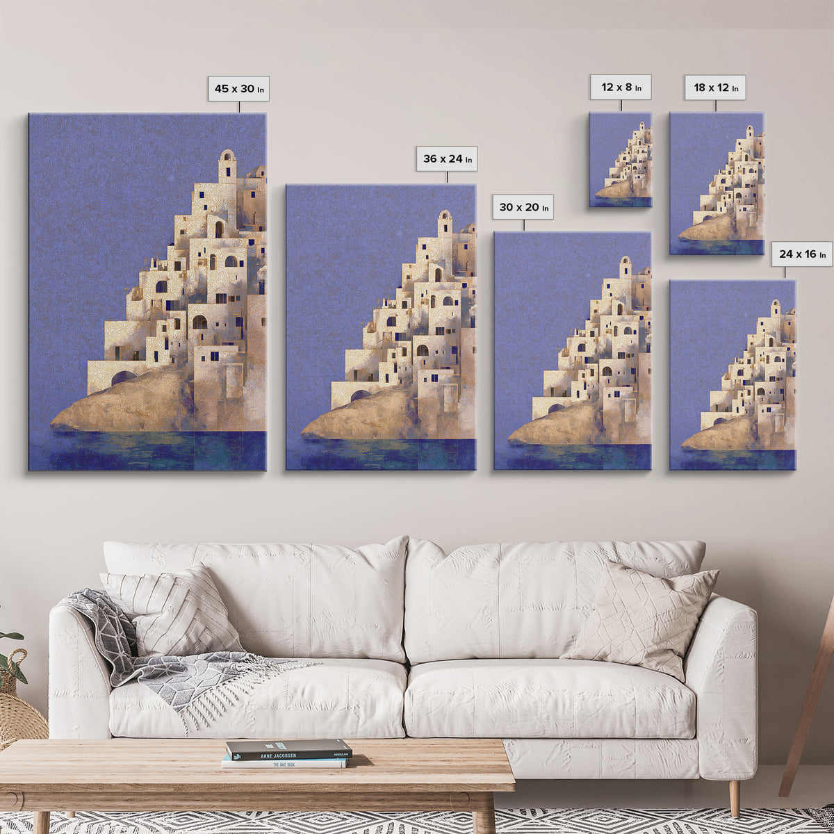 Greek Island White Buildings Above Blue Sea Canvas Print, Mediterranean Art, Framed Wall Art, Living Room Decor, Oil Painting, MAR-2x3-81