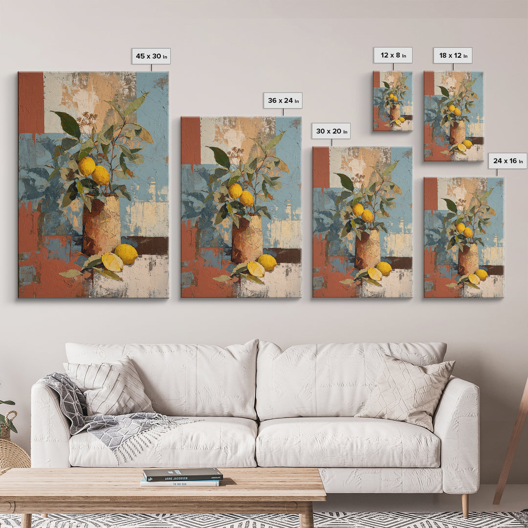 Olive Branch and Lemons on Terracotta Ground Canvas Print, Mediterranean Art, Contemporary Art, Living Room Decor, Azure, MAR-2x3-82