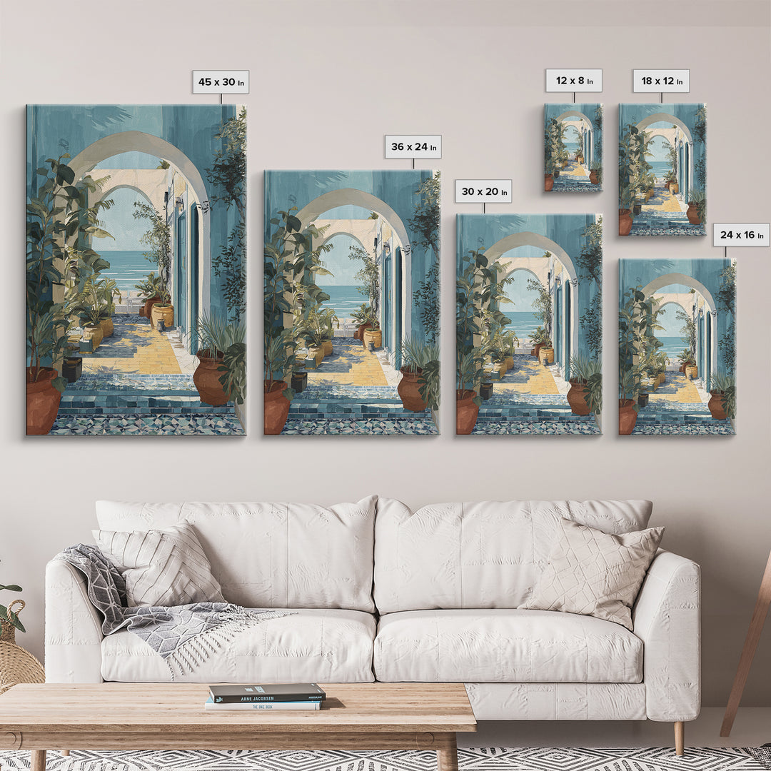 Mediterranean Arch Framing Ocean Horizon Framed Canvas Print, Mediterranean Art, Oil Painting, Living Room Decor, Azure, MAR-2x3-83