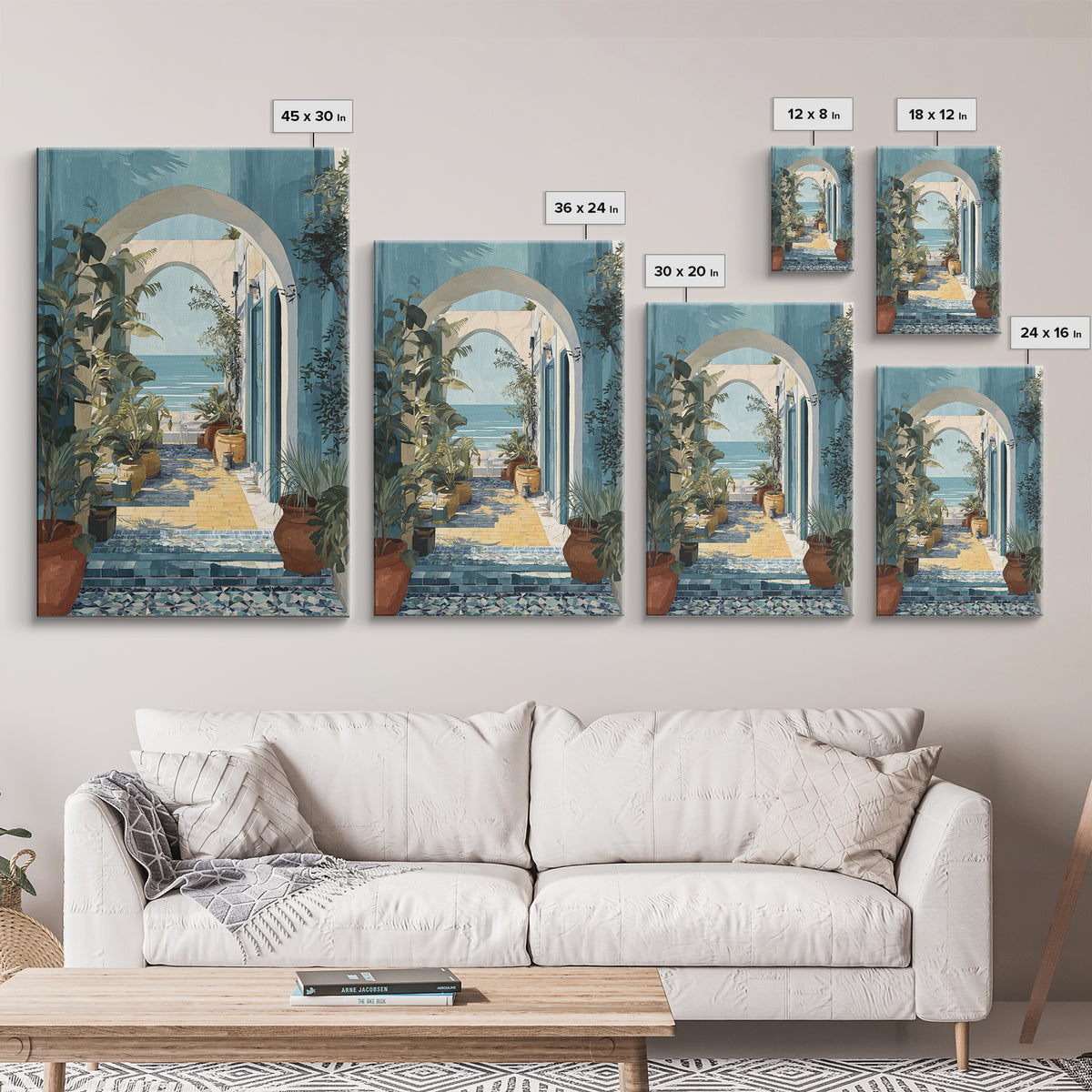Mediterranean Arch Framing Ocean Horizon Framed Canvas Print, Mediterranean Art, Oil Painting, Living Room Decor, Azure, MAR-2x3-83