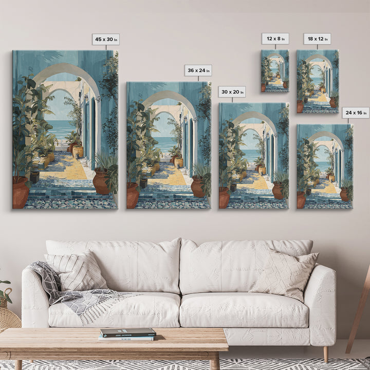 Mediterranean Arch Framing Ocean Horizon Framed Canvas Print, Mediterranean Art, Oil Painting, Living Room Decor, Azure, MAR-2x3-83