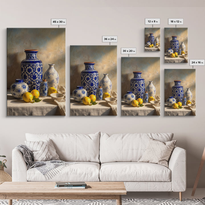Blue and White Tile Pattern Framed Canvas Print, Mediterranean Art, Modern Wall Art, Living Room Decor, Fine Art, Azure, MAR-2x3-84