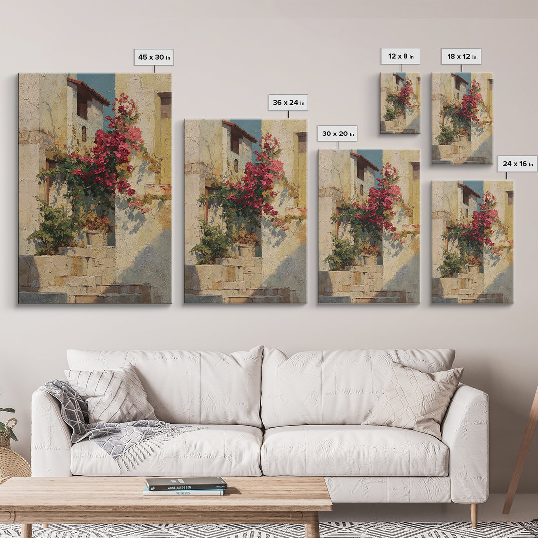 Bougainvillea Cascading over Stone Wall Framed Canvas Print, Mediterranean Art, Digital Print, Living Room Decor, Azure, MAR-2x3-85