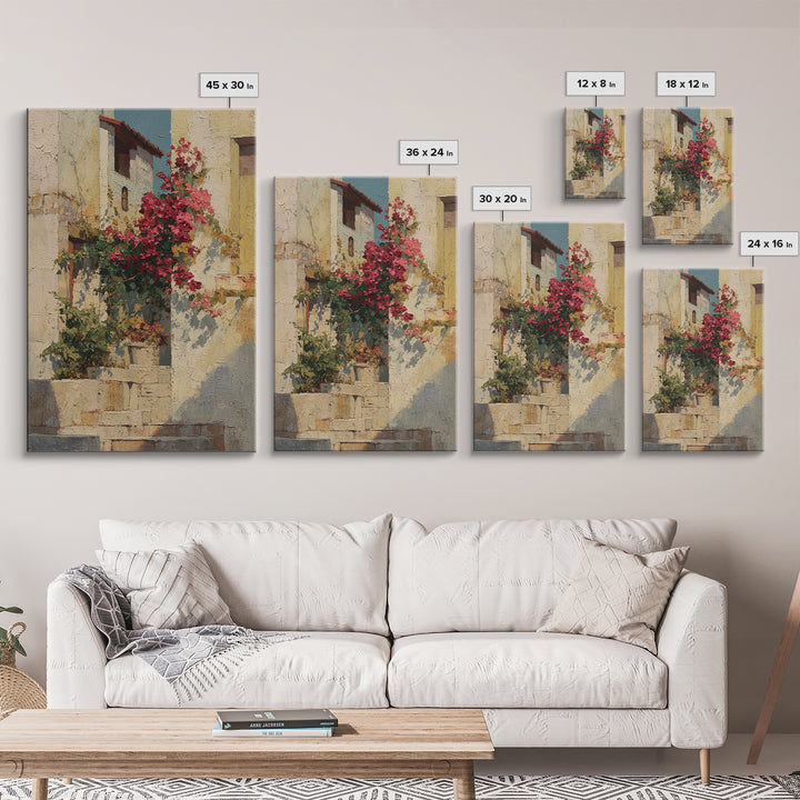 Bougainvillea Cascading over Stone Wall Framed Canvas Print, Mediterranean Art, Digital Print, Living Room Decor, Azure, MAR-2x3-85