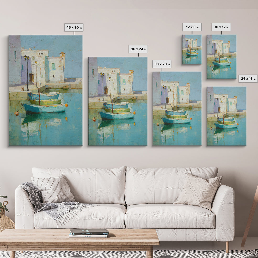 Coastal Fishing Boats Framed Canvas Print, Mediterranean Art, Digital Wall Art, Living Room Decor, Azure, Coastal Wall Art, MAR-2x3-87