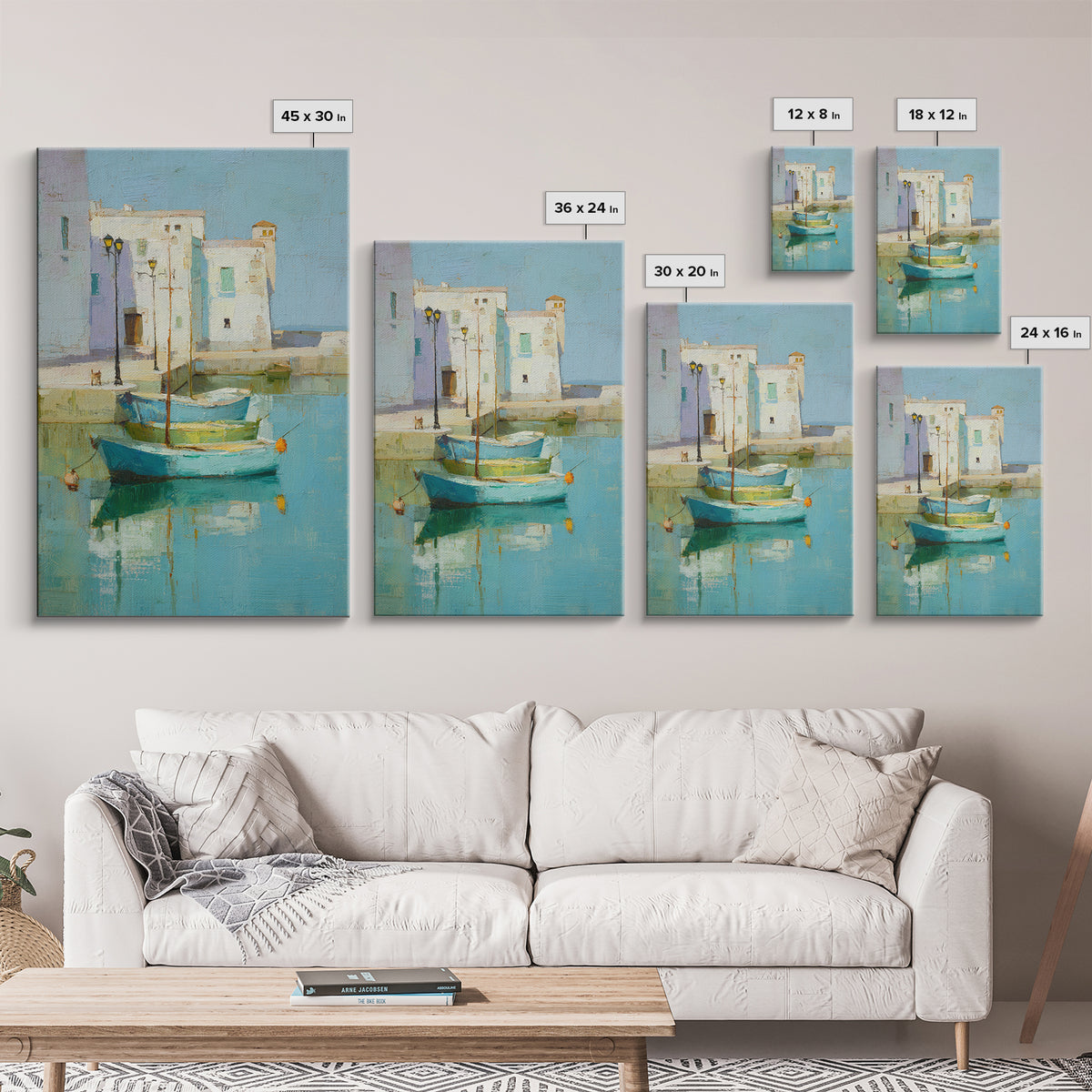 Coastal Fishing Boats Framed Canvas Print, Mediterranean Art, Digital Wall Art, Living Room Decor, Azure, Coastal Wall Art, MAR-2x3-87