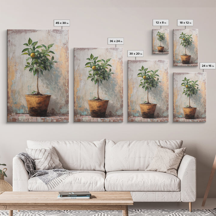 Citrus Tree in Clay Pot Framed Canvas Print, Mediterranean Art, Printable Wall Art, Living Room Decor, Fine Art, Azure, MAR-2x3-90