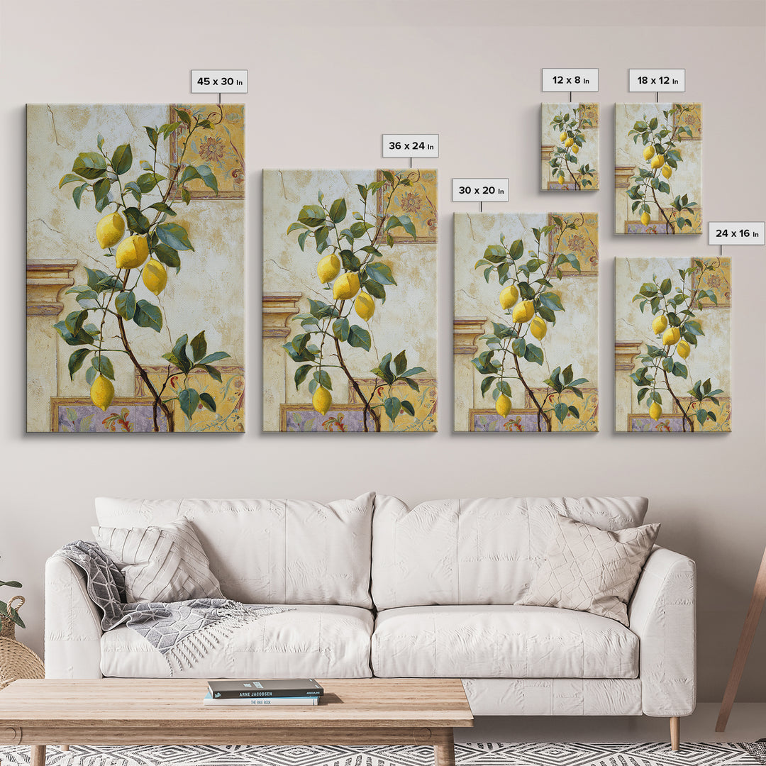 Sicilian Lemon Branch on Ivory Background Framed Canvas Print, Mediterranean Art, Oil Painting, Living Room Decor, MAR-2x3-93