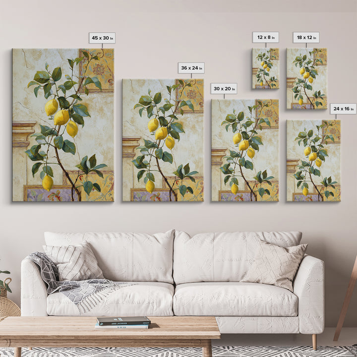 Sicilian Lemon Branch on Ivory Background Framed Canvas Print, Mediterranean Art, Oil Painting, Living Room Decor, MAR-2x3-93