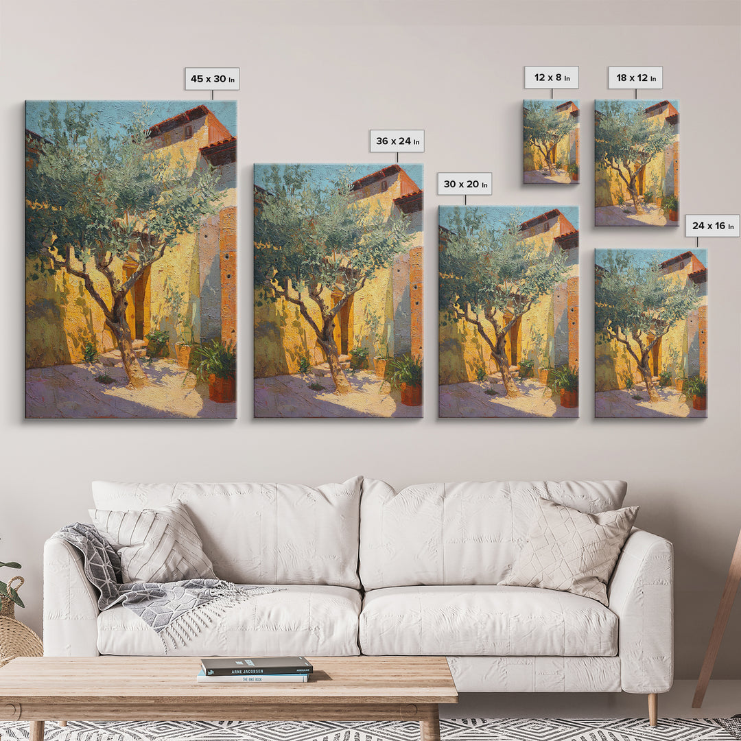 Olive Grove under Pale Morning Light Framed Canvas Print, Mediterranean Art, Digital Wall Art, Living Room Decor, Azure, MAR-2x3-97