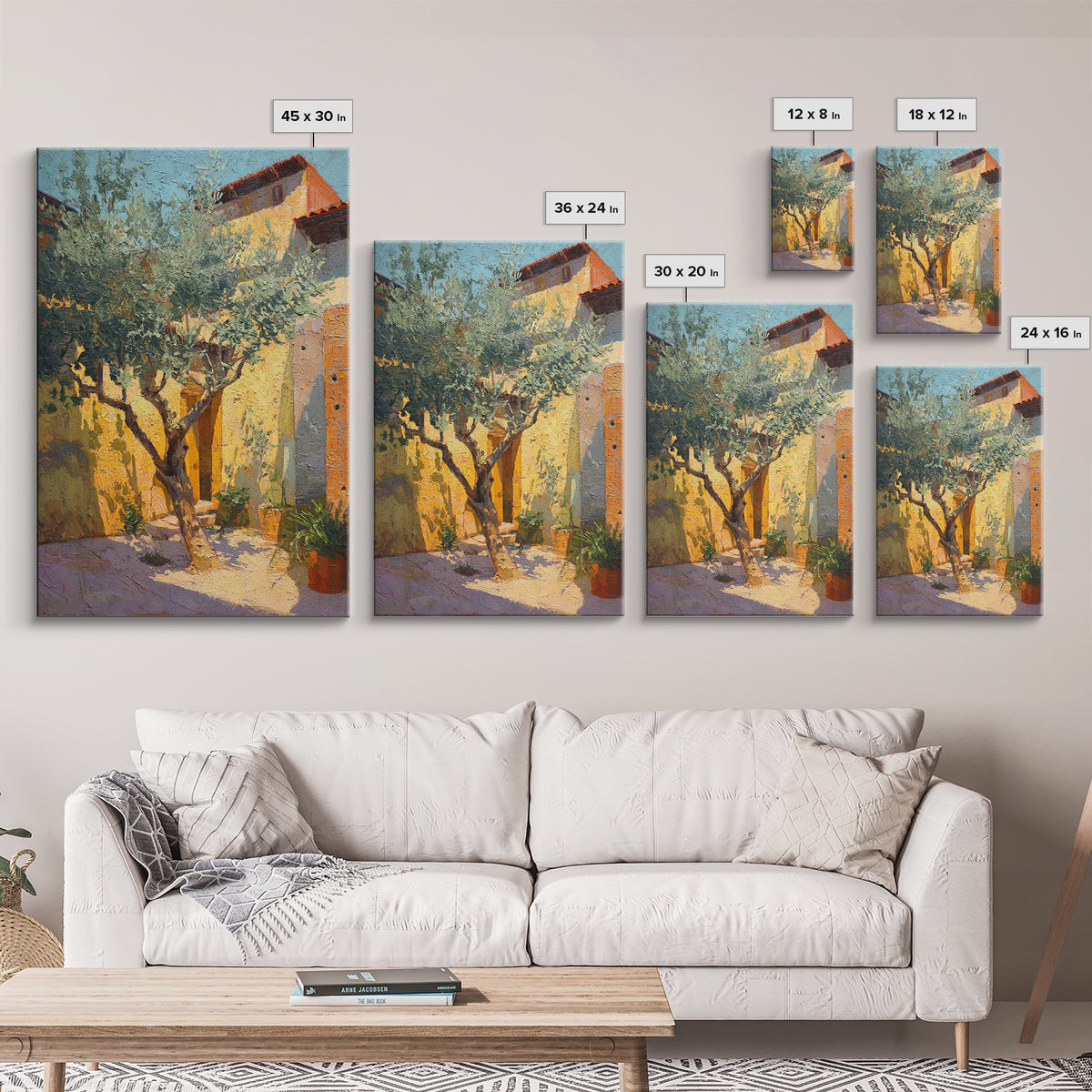 Olive Grove under Pale Morning Light Framed Canvas Print, Mediterranean Art, Digital Wall Art, Living Room Decor, Azure, MAR-2x3-97