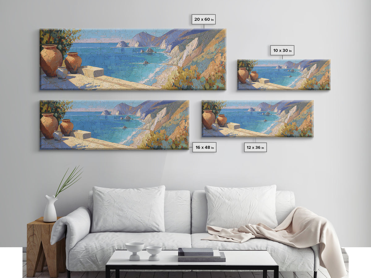 Coastal Cliffs with Sparkling Blue Water Framed Canvas Print, Mediterranean Art, Coastal Art, Living Room Decor, Azure, MAR-3x1-12