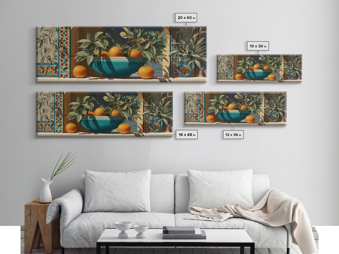 Ceramic Bowl of Oranges and Leaves Canvas Print, Mediterranean Art, Digital Wall Art, Living Room Decor, Fine Art, Azure, MAR-3x1-13