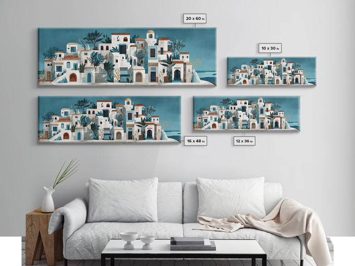 Greek Island White Buildings Above Blue Sea Canvas Print, Mediterranean Art, Horizontal Wall Art, Living Room Decor, Azure, MAR-3x1-17