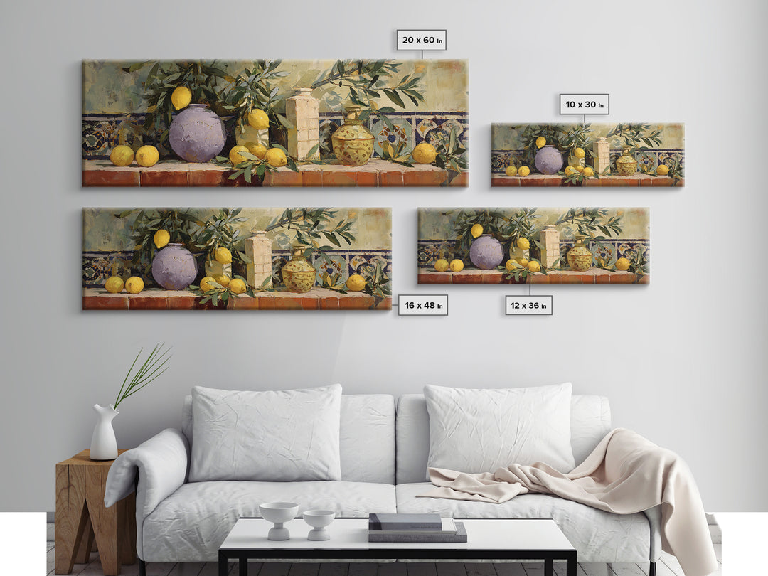 Olive Branch and Lemons on Terracotta Ground Canvas Print, Mediterranean Art, Digital Wall Art, Living Room Decor, Azure, MAR-3x1-18