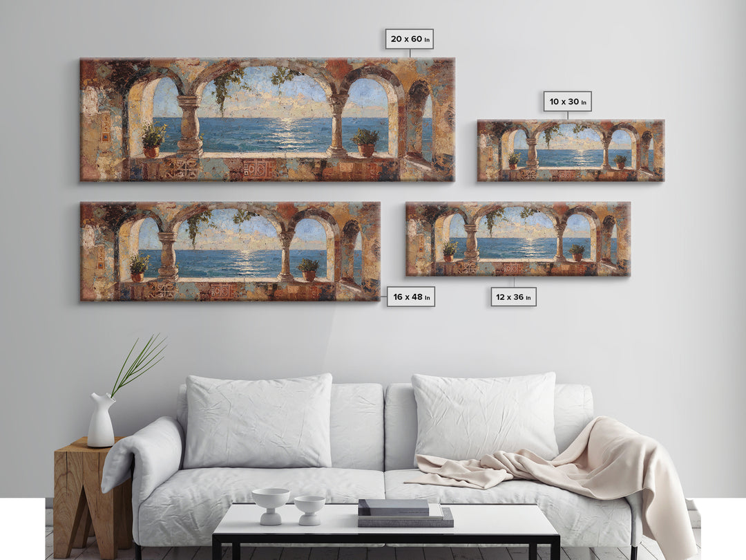 Mediterranean Arch Framing Ocean Horizon Canvas Print, Mediterranean Art, Wall Decor, Living Room Decor, Fine Art, Azure, MAR-3x1-19