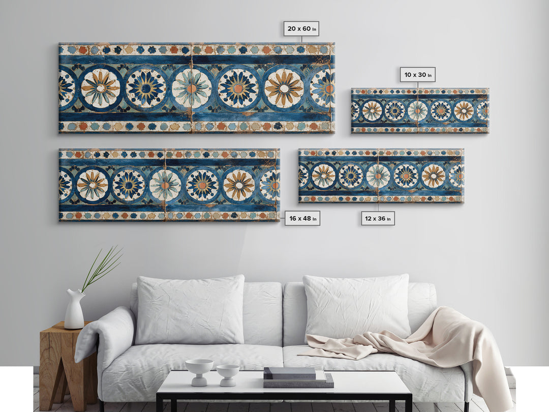 Blue and White Tile Pattern Canvas Print, Mediterranean Art, Landscape Wall Art, Living Room Decor, Azure, Luxury Decor, MAR-3x1-20