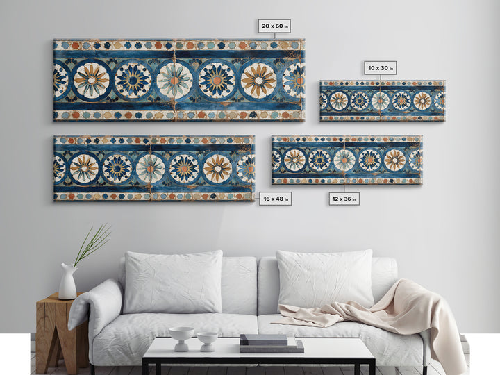 Blue and White Tile Pattern Canvas Print, Mediterranean Art, Landscape Wall Art, Living Room Decor, Azure, Luxury Decor, MAR-3x1-20