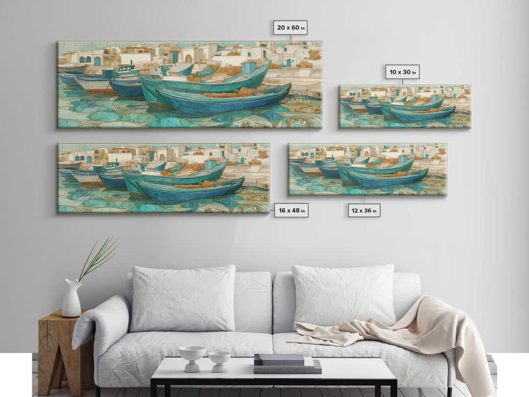Coastal Fishing Boats Framed Canvas Print, Mediterranean Art, Neutral Decor, Living Room Decor, Fine Art, Azure, Home Decor, MAR-3x1-23
