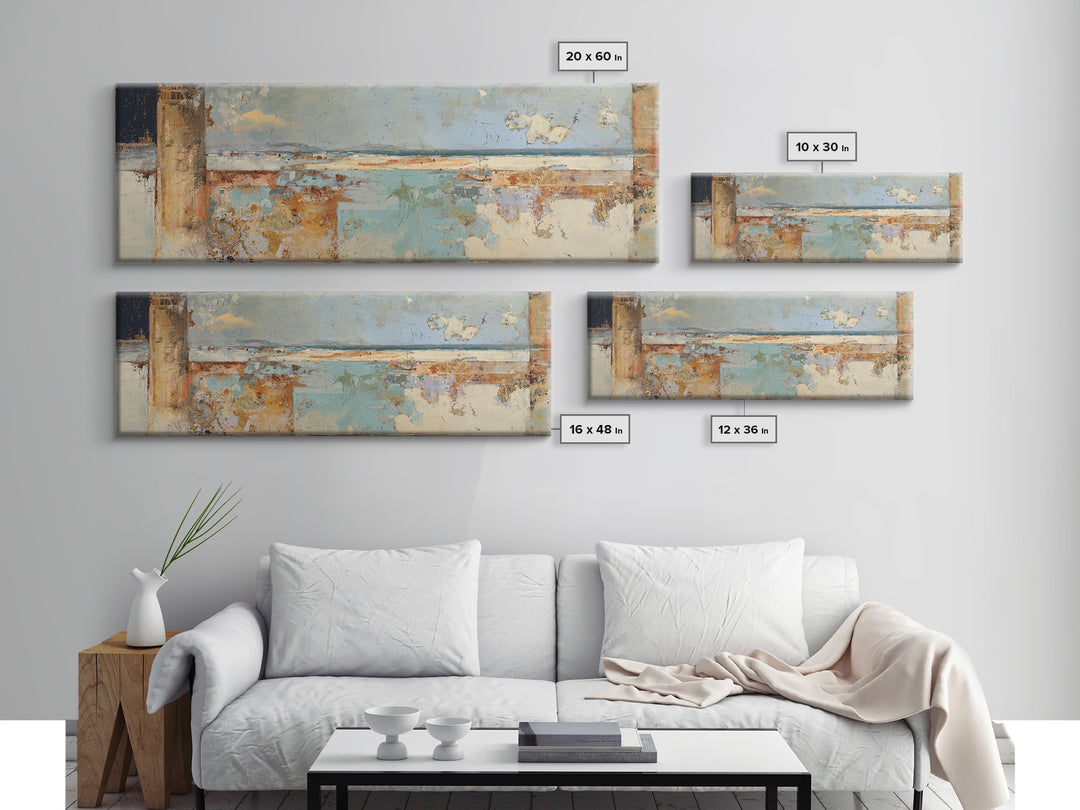 Ancient Column with Sea and Sky Beyond Framed Canvas Print, Mediterranean Art, Beach Prints, Living Room Decor, Oil Painting, MAR-3x1-28