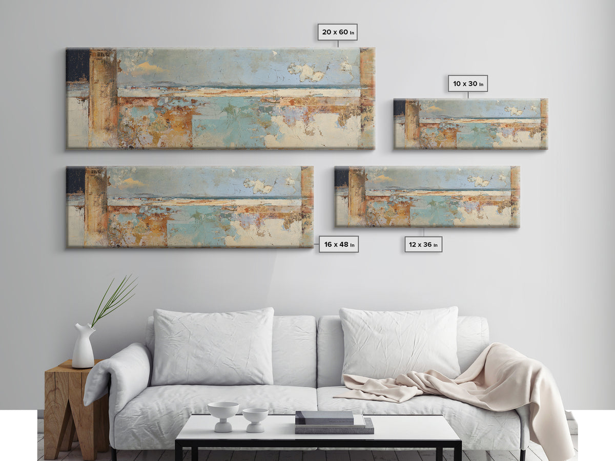 Ancient Column with Sea and Sky Beyond Framed Canvas Print, Mediterranean Art, Beach Prints, Living Room Decor, Oil Painting, MAR-3x1-28