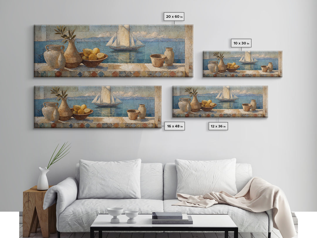 Mediterranean Sailboat on Glassy Water Canvas Print, Mediterranean Art, Living Room Decor, Abstract Art, Azure, MAR-3x1-34