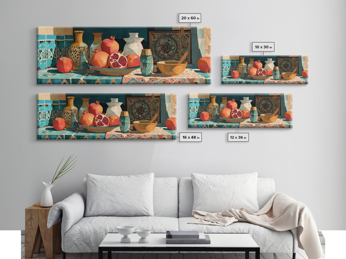 Pomegranate Still Life Canvas Print, Mediterranean Art, Statement Artwork, Living Room Decor, Fine Art, Azure, Oil Painting, MAR-3x1-35
