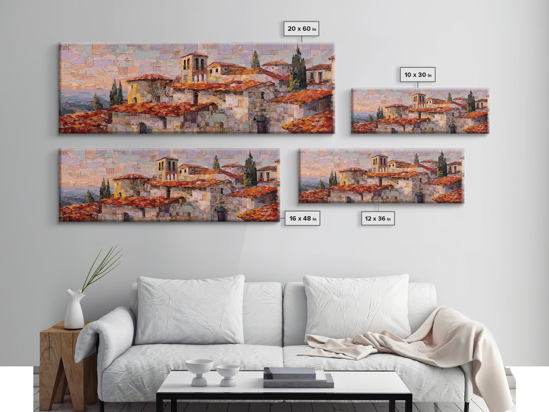 Sunset over Red Tiled Rooftops Canvas Print, Mediterranean Art, Gallery Decor, Living Room Decor, Azure, Minimalist Decor, MAR-3x1-39