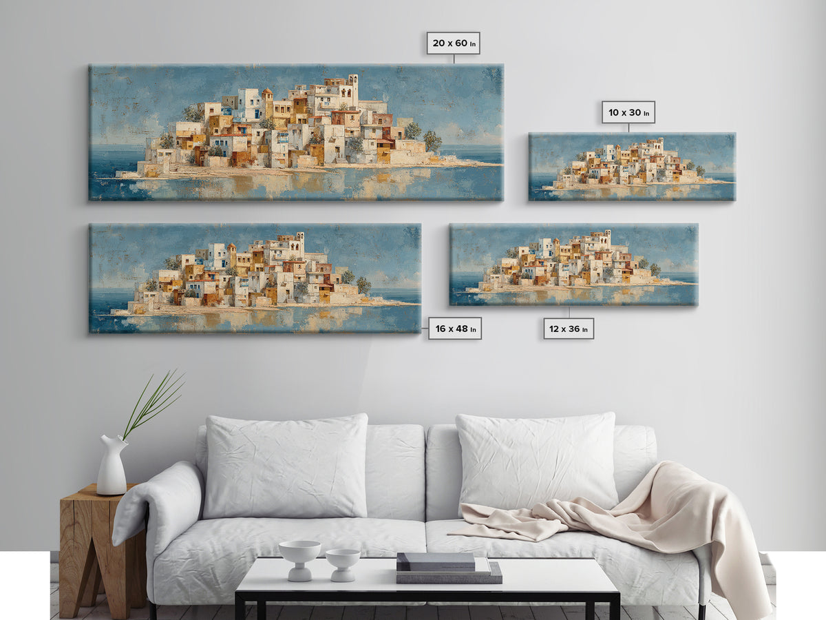 Greek Island White Buildings Above Blue Sea Canvas Print, Mediterranean Art, Coastal Wall Art, Living Room Decor, MAR-3x1-41