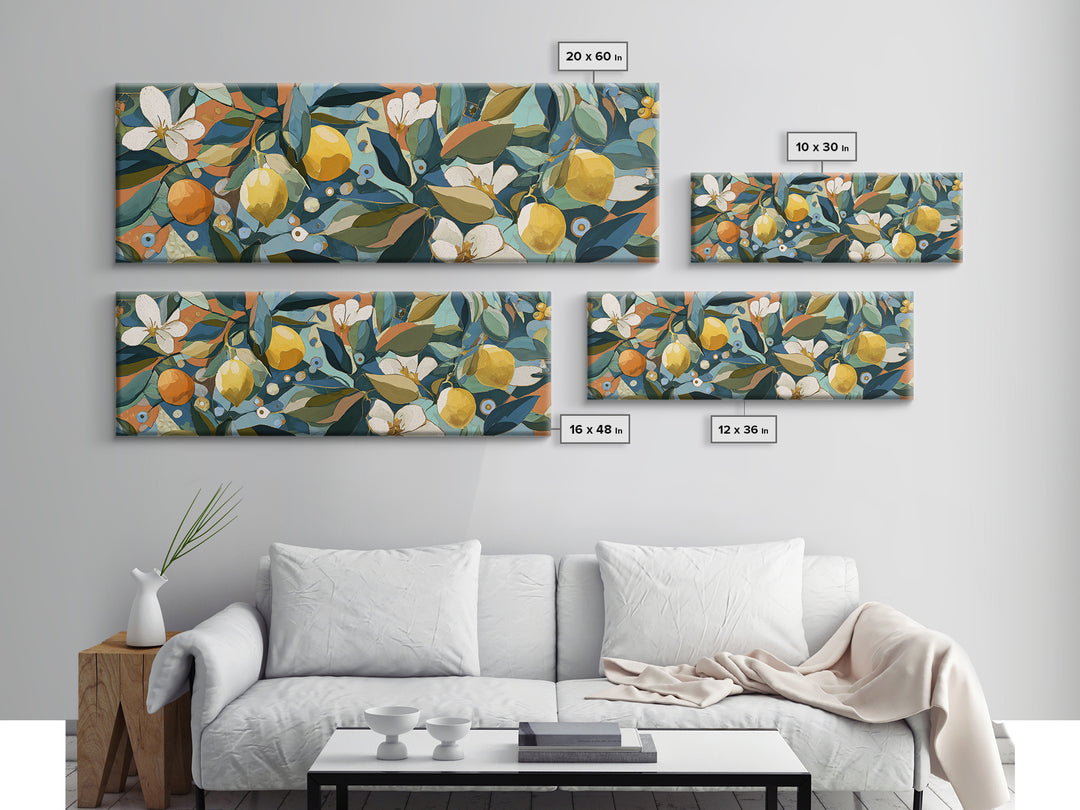 Olive Branch and Lemons on Terracotta Ground Canvas Print, Mediterranean Art, Farmhouse Decor, Living Room Decor, MAR-3x1-42