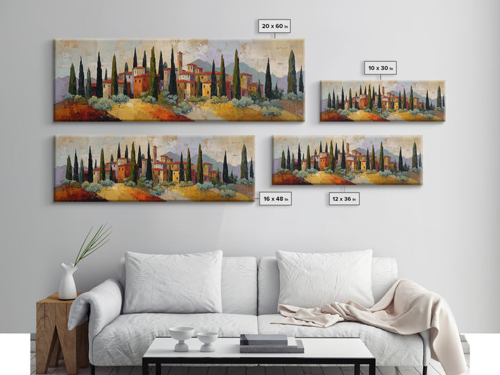 Tuscan Cypress Trees and Golden Hillside Canvas Print, Mediterranean Art, Horizontal Wall Art, Living Room Decor, Azure, MAR-3x1-46