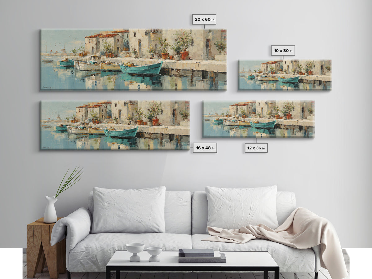 Coastal Fishing Boats Framed Canvas Print, Mediterranean Art, Contemporary Art, Living Room Decor, Oil Painting, Azure, MAR-3x1-47