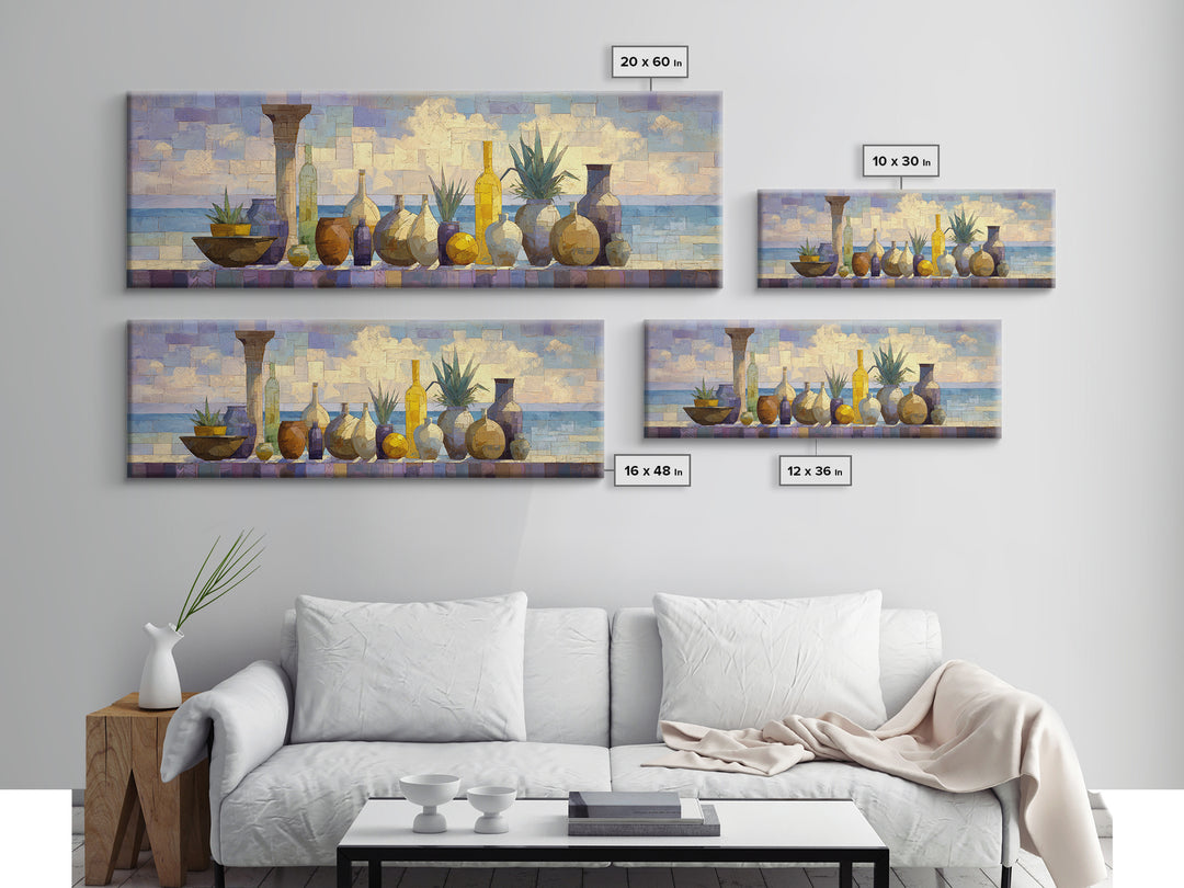 Ancient Column with Sea and Sky Beyond Framed Canvas Print, Mediterranean Art, Luxury Decor, Living Room Decor, Abstract Art, MAR-3x1-52
