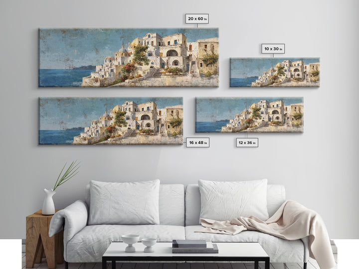 Greek Island White Buildings Above Blue Sea Canvas Print, Mediterranean Art, Coastal Wall Art, Living Room Decor, MAR-3x1-65