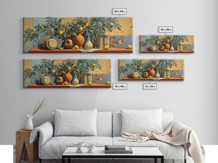 Olive Branch and Lemons on Terracotta Ground Canvas Print, Mediterranean Art, Farmhouse Decor, Living Room Decor, MAR-3x1-66