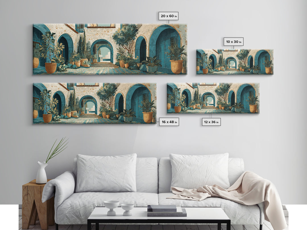 Mediterranean Arch Framing Ocean Horizon Framed Canvas Print, Mediterranean Art, Digital Wall Art, Living Room Decor, Azure, MAR-3x1-67
