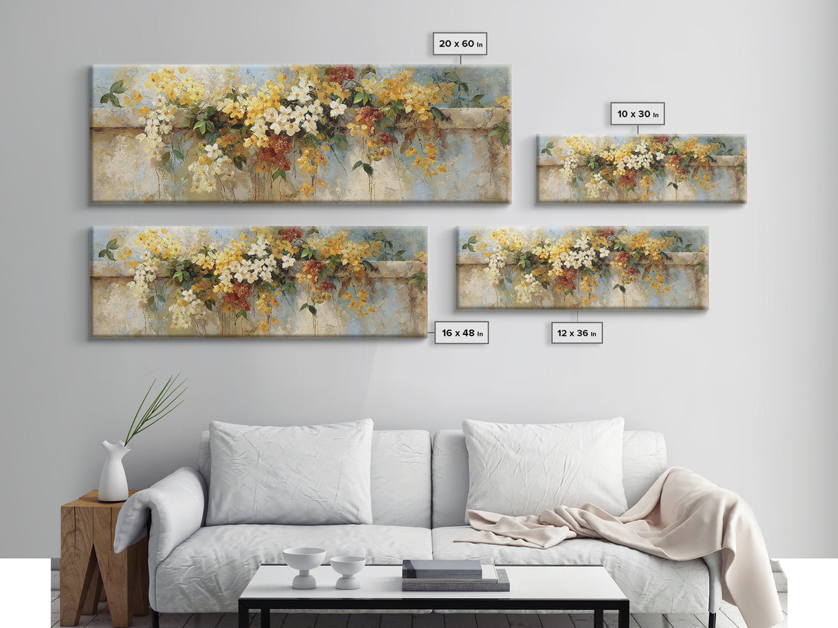 Bougainvillea Cascading over Stone Wall Framed Canvas Print, Mediterranean Art, Digital Art Prints, Living Room Decor, Azure, MAR-3x1-69
