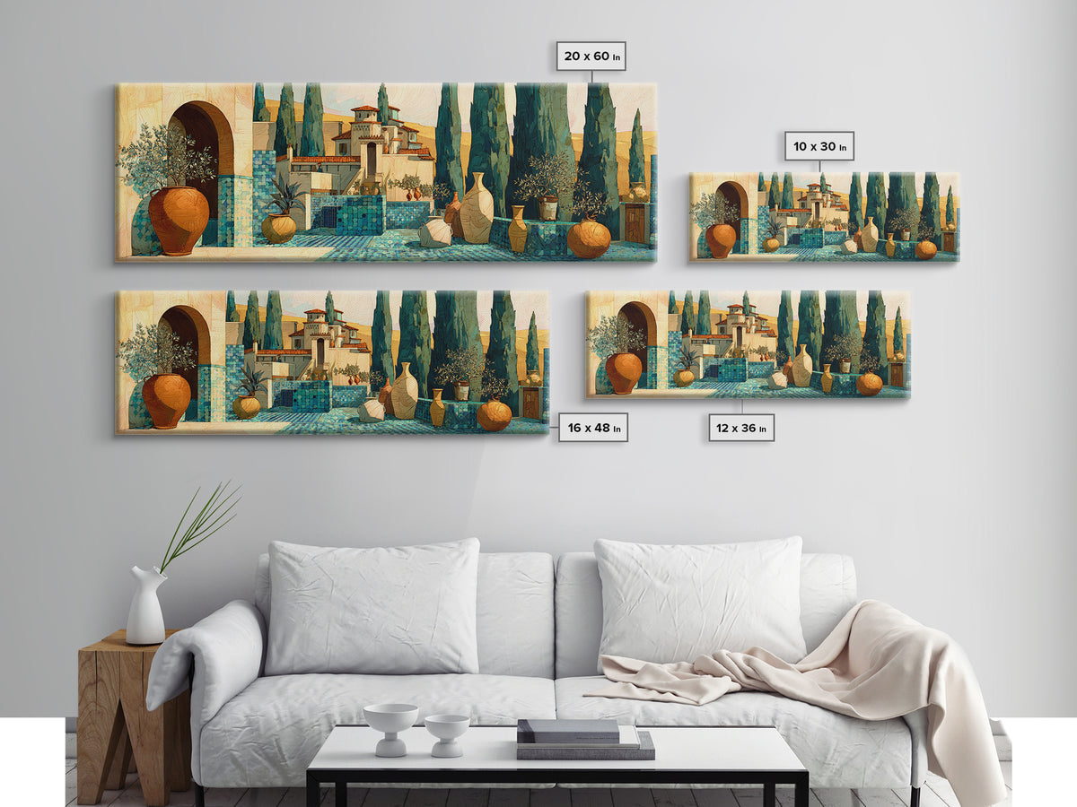 Tuscan Cypress Trees and Golden Hillside Canvas Print, Mediterranean Art, Modern Decor, Living Room Decor, Oil Painting, Azure, MAR-3x1-70