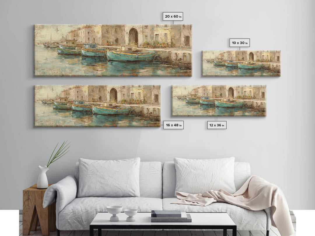 Coastal Fishing Boats Canvas Print, Mediterranean Art, Large Wall Art, Living Room Decor, Fine Art, Azure, Digital Art Prints, MAR-3x1-71